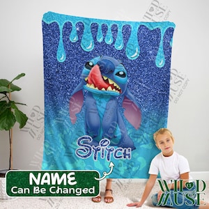 Custom Stitch Blanket, Personalized Lilo & Stitch Plush Blanket, Custom Name Cartoon Characters Stitch Blanket, Birthday Gift for Kids