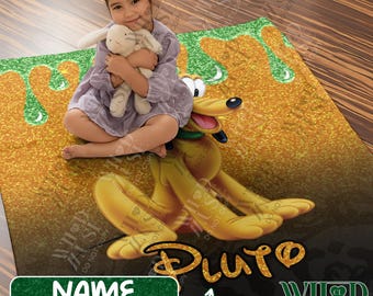 Custom Pluto Blanket For Kids, Personalized Cartoon Characters Plush Blanket, Custom Name Glitter Pluto Dog Blanket, Christmas Gift for Kids