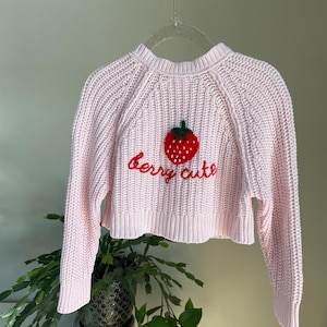 Size 2T, Berry Cute Pink Cardigan, strawberry, toddler girls, hand embroidered, custom, upcycled, spring and summer