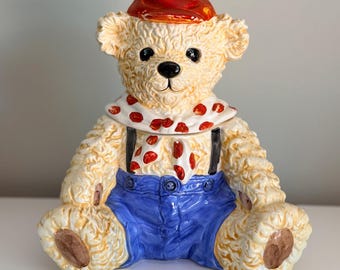Vintage 1970s Teddy Bear Cookie Jar – Heritage Mint Ltd Ceramic Bear w/ Red Hat & Polka Dot Scarf – Retro Kitchen Decor Collectible
