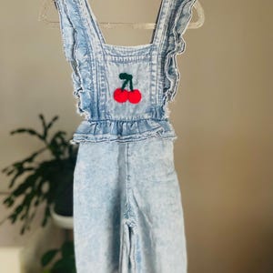 Size 12 months, hand embroidered jumpsuit,romper, cherries, summer, infant, toddler girl, children’s clothing