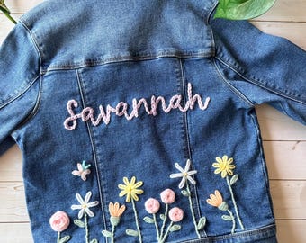 Personalized Hand-Embroidered Kids Denim Jacket, Wildflowers or Rainbow Custom Upcycled Gift