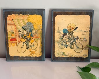 Vintage Holly Hobbie Wall Plaques Set of 2 Decoupage Wood Signed 1974 Blue Decor