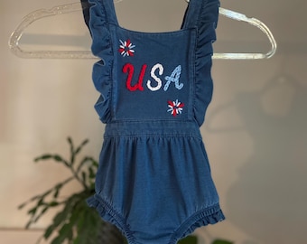 Hand Embroidered 4th of July Cotton Romper: Baby Girl Outfit (12 and 18 Months)