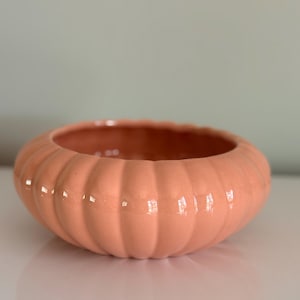 May include: A peach-colored ceramic bowl with a ribbed exterior. The bowl has a wide, open top and a glossy finish. The design resembles a pumpkin. This decorative bowl is suitable for home decor.