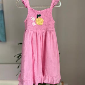 Size 5T, pink, hand embroidered dress with lemon and flowers, toddler girl, children’s clothes, 100% cotton, summer dress with smocked top