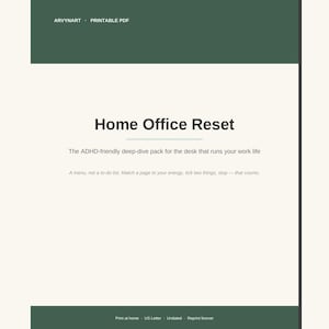 ADHDホームオフィス清掃プランナー（印刷可能）、デスクリセットチェックリスト（PDF）、紙トリアージ＆ケーブルガイド