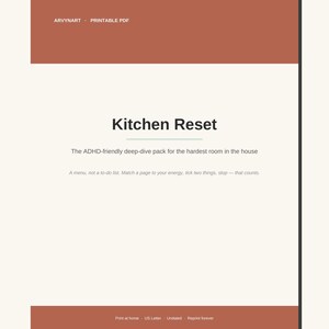Planejador de limpeza de cozinha para TDAH (imprimível), lista de verificação para reorganização da cozinha em PDF, planejador de limpeza profunda da cozinha, guia de limpeza da geladeira.