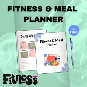 May include: A fitness and meal planner with a colorful illustration of a heart, dumbbells, a water bottle, and fruit. The planner has 56 pages and includes a daily workout log.