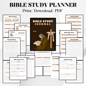 May include: A printable Bible study planner with a brown and white color scheme. The planner includes sections for daily gratitude, weekly gratitude, sermon notes, prayer requests, and Bible study journal entries. The cover features a drawing of a person reading a book with a cross in the background.