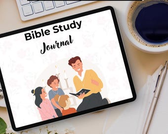 Może przedstawiać: Tablet cyfrowy wyświetlający kolorową ilustrację osób czytających książkę. Tekst na tablecie brzmi "Bible Study Journal" i "BIBLE-STUDY-PLANNER".