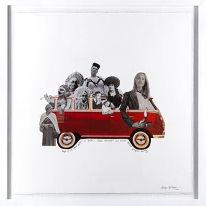 May include: Framed art print with a collage of figures in a red van. The artwork incorporates vintage images and text: "life once over what is been... Their desires are more than paper things."