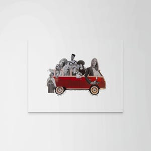 May include: A collage art print featuring a red vintage van filled with various black and white images of people. The artwork includes text at the bottom. The overall theme is a retro, artistic design.