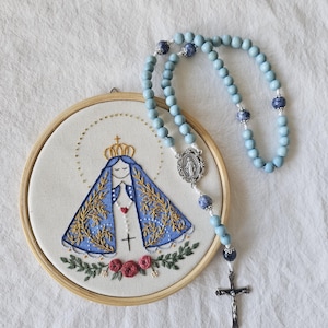 Blue Handmade Microcord Rosary - Catholic Prayer Beads - Miraculous Medal - Crucifix - Catholic Gifts - Wood + Stone Beads - Durable