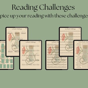 May include: Digital reading challenge templates on tablets. The text "Reading Challenges" and "Spice up your reading with these challenges!" are at the top. The templates include book challenges and an A-Z challenge, with floral and book illustrations.