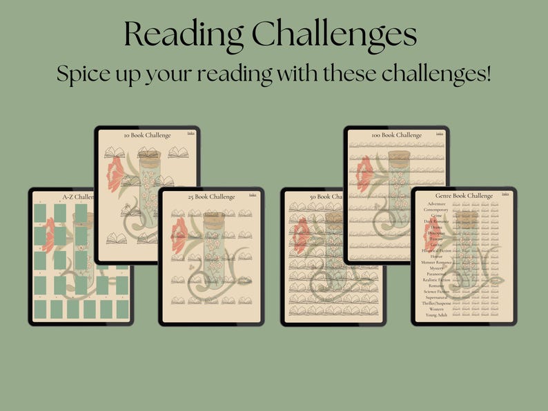 May include: Digital reading challenge templates on tablets. The text "Reading Challenges" and "Spice up your reading with these challenges!" are at the top. The templates include book challenges and an A-Z challenge, with floral and book illustrations.