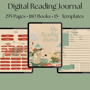 May include: Digital reading journal displayed on three tablets. The center tablet features the text "My Reading Journal" with an illustration. The other tablets show index, review, and tracker pages. The text reads "295 Pages &bull; 180 Books &bull; 15+ Templates."