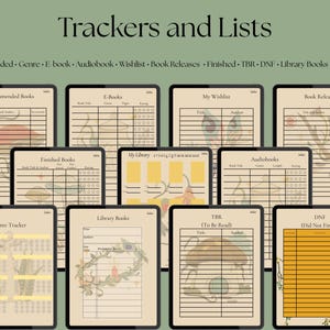 May include: A collection of digital trackers and lists for book lovers, including recommended books, e-books, wishlists, and more. Each tracker features a vintage-style design with botanical illustrations and the text "Trackers and Lists".