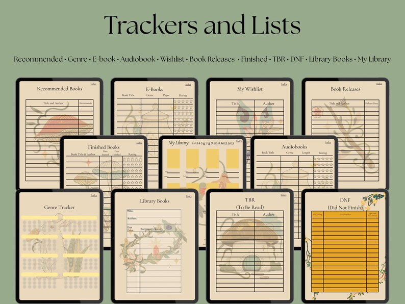 May include: A collection of digital trackers and lists for book lovers, including recommended books, e-books, wishlists, and more. Each tracker features a vintage-style design with botanical illustrations and the text "Trackers and Lists".