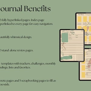 May include: Digital journal with a whimsical design, featuring 293 hyperlinked pages, review pages, and templates. Includes trackers, challenges, and favorites. The image shows three tablets with journal pages on a green background.