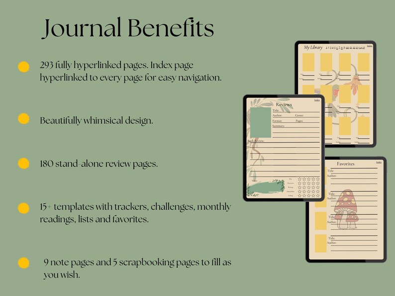 May include: Digital journal with a whimsical design, featuring 293 hyperlinked pages, review pages, and templates. Includes trackers, challenges, and favorites. The image shows three tablets with journal pages on a green background.