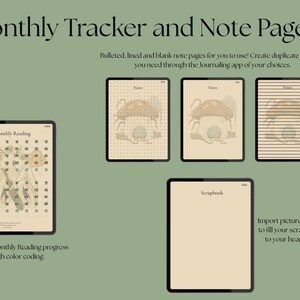 May include: Digital planner pages displayed on tablets. The image shows a monthly reading tracker, note pages with mushroom illustrations, and a scrapbook page. Text includes "Monthly Tracker and Note Pages" and instructions for use.