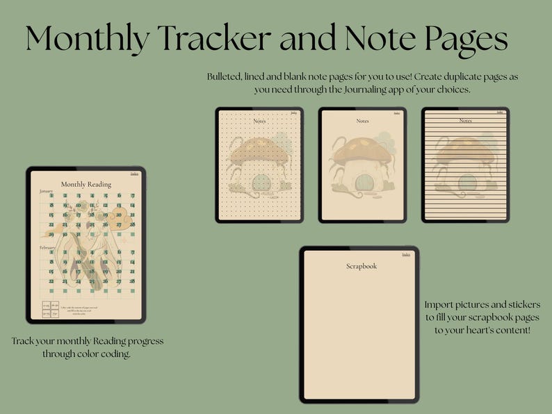 May include: Digital planner pages displayed on tablets. The image shows a monthly reading tracker, note pages with mushroom illustrations, and a scrapbook page. Text includes "Monthly Tracker and Note Pages" and instructions for use.
