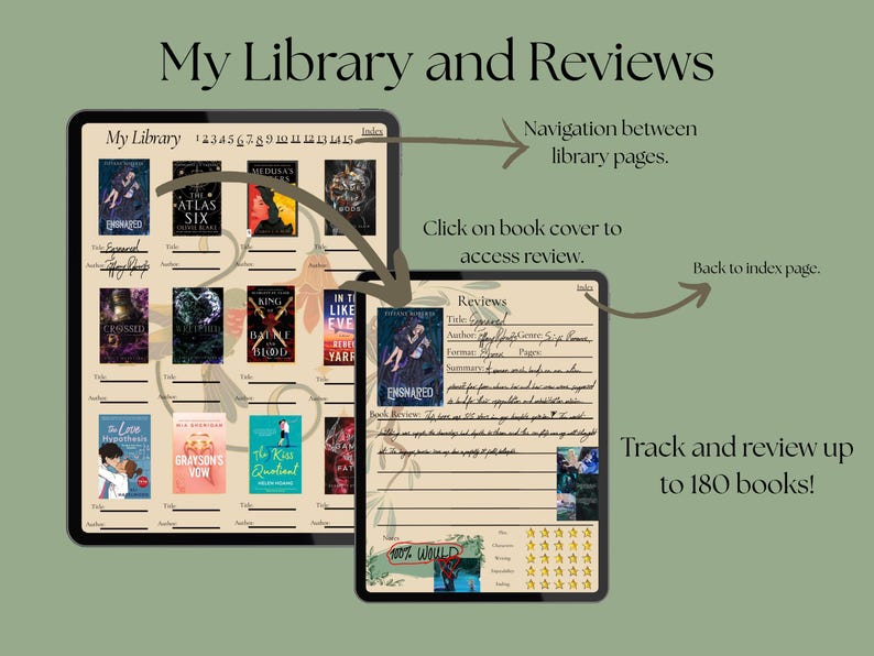 May include: Digital library and review tracker on a tablet. The screen displays book covers, titles, and review sections. Text includes "My Library and Reviews," "Navigation between library pages," and "Track and review up to 180 books!"