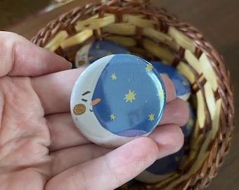 Moon Badge Pin, Whimsy Twee Button 1.5" x 1.5"