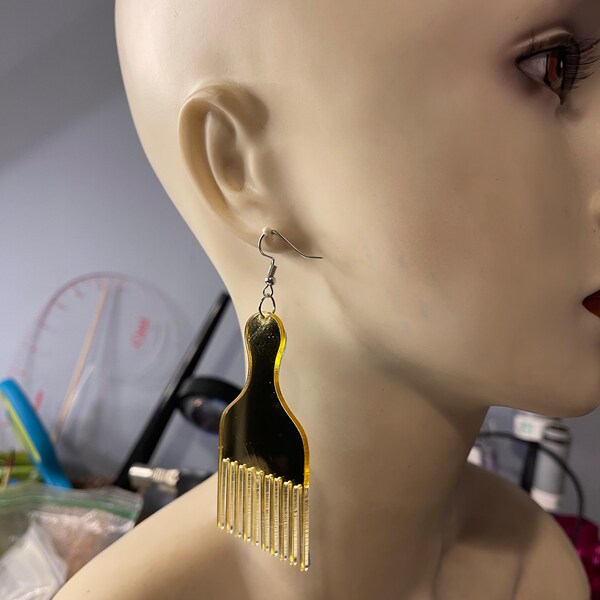 Afro Pick mirror earrings-Mirror (small)