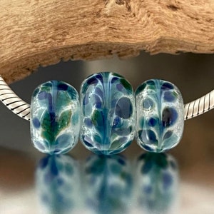 BHB Set Big Holed Beads 3 Handmade Lampwork Beads Blue, Teal, White image 2