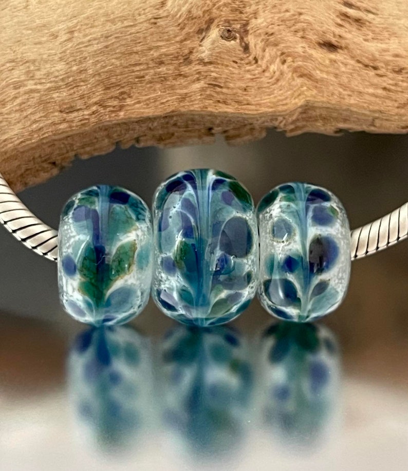 BHB Set Big Holed Beads 3 Handmade Lampwork Beads Blue, Teal, White image 2