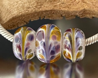 BHB Set - Big Holed Beads - (3) Handmade Lampwork Beads - Purple, White