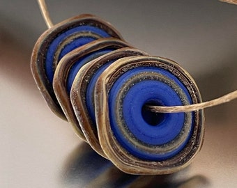 Rustic Disks - (4) Handmade Lampwork Beads - Blue