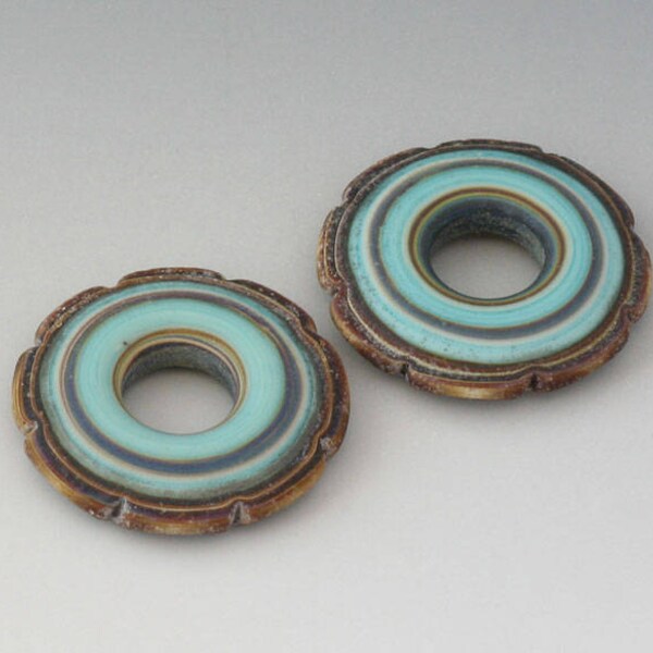 Rustic Ruffle Discs - (2) Handmade Lampwork Beads - Mint Green, Gray