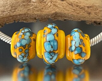 BHB Set - Big Holed Beads - (3) Handmade Lampwork Beads - Yellow, Turquoise