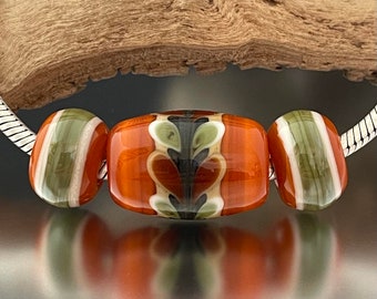 BHB Set - Big Holed Beads - (3) Handmade Lampwork Beads - Apricot, Olive - 5mm Hole