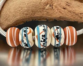 BHB Set - Big Holed Beads - (5) Handmade Lampwork Beads - Ivory, Adobe, Turquoise - 5mm Hole - Matte