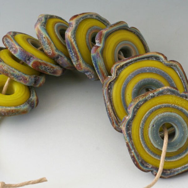 Rustic Squared - (8) Handmade Lampwork Beads - Yellow Green, Brown