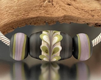 BHB Set - Big Holed Beads - (3) Handmade Lampwork - Olive, Lavender - 5mm Hole - Etched, Matte