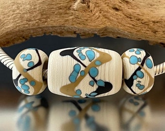 BHB Set - Big Holed Beads - (3) Handmade Lampwork Beads - Turquoise, Black - 5mm Hole - Etched, Matte