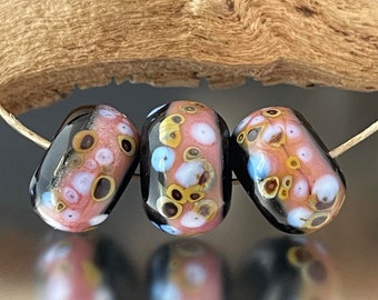 BHB Set - Big Holed Beads - (3) Handmade Lampwork Beads - Pink Black - 4mm Hole