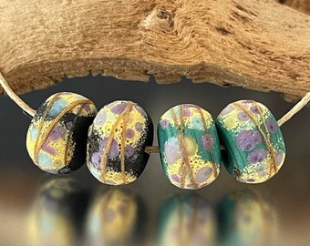 Rustic Sedona Nuggets- (4) Handmade Lampwork Beads - Teal Green, Black