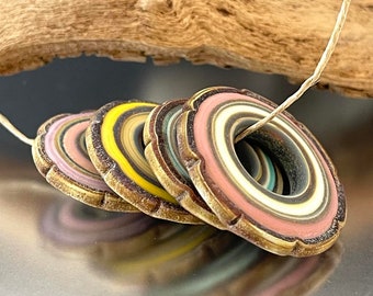 Rustic Ruffle Discs - (4) Handmade Lampwork Beads - Mint, Yellow, Pink