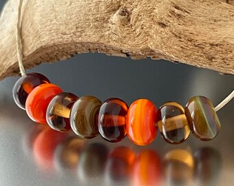 Spacers- (8) Handmade Lampwork Beads - Maple, Raku, Orange