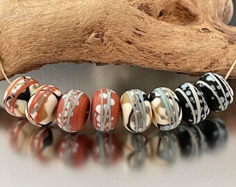 Sedona Rounds- (8) Handmade Lampwork Beads - Adobe, Black, Turquoise, Sage