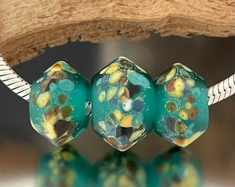 BHB Set - Big Holed Beads - (3) Handmade Lampwork Beads - Teal, Silver - Etched, Matte