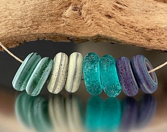 Rustic Mini Rings - (8) Handmade Lampwork Beads - Green