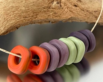 Mini Ring Pairs Squared - (8) Handmade Lampwork Beads - Rust, Purple, Green- Etched, Matte
