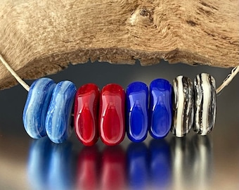 Mini Ring Pairs Squared - (8) Handmade Lampwork Beads - Red, Blue, Bone